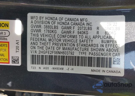 2022 Honda Civic Sport из США, поврежденный, VIN 2HGFE2F56NH603792